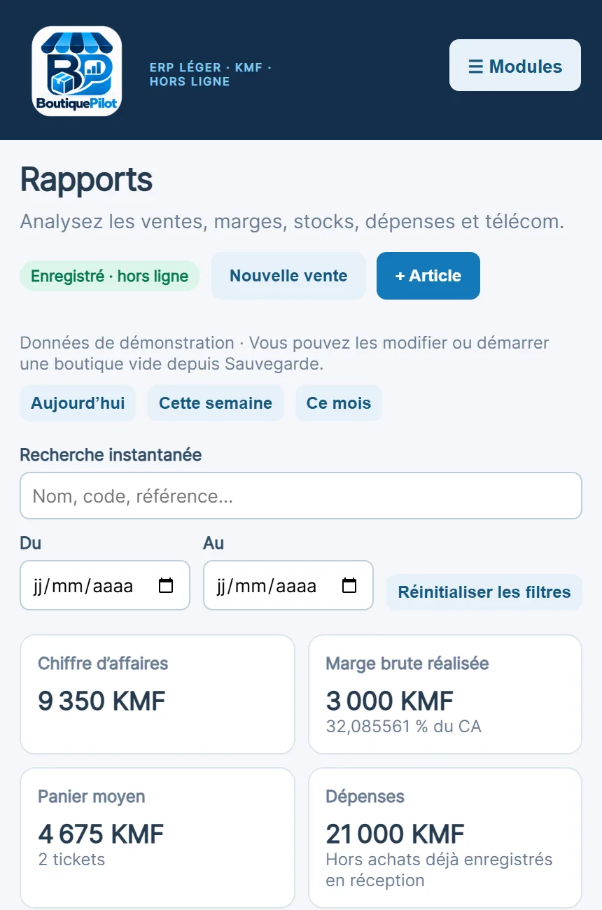 Capture d’écran de BoutiquePilot sur mobile : rapports