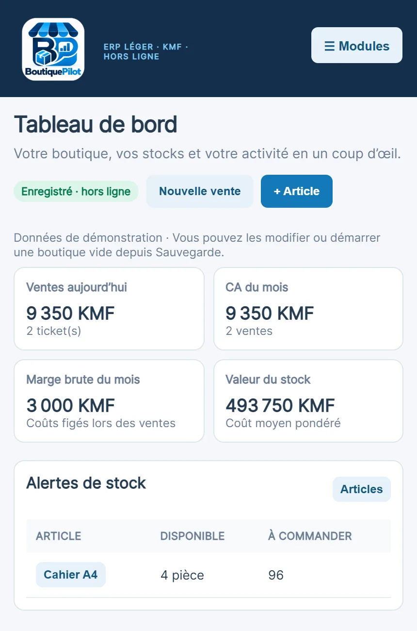 Capture d’écran de BoutiquePilot sur mobile : tableau de bord