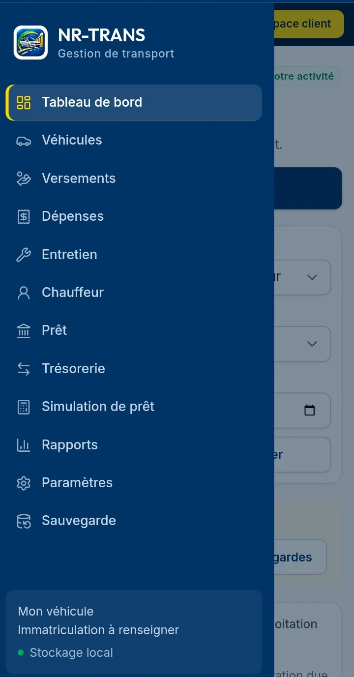 Capture d’écran de NR-TRANS sur mobile : menu de navigation