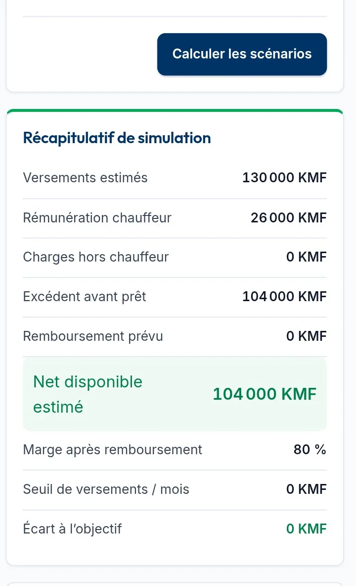 Capture d’écran de NR-TRANS sur mobile : récapitulatif de simulation