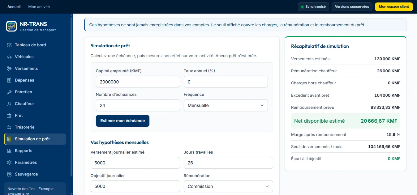 Capture d’écran de NR-TRANS sur ordinateur : simulation de prêt