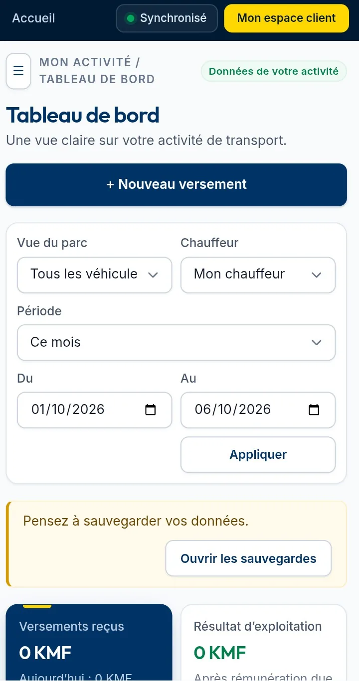 Capture d’écran de NR-TRANS sur mobile : tableau de bord