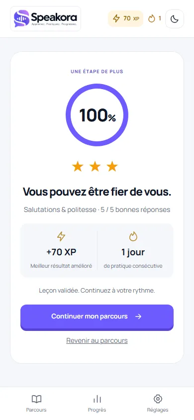 Capture d’écran de Speakora sur mobile : résultat d’une leçon